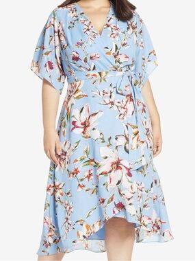 Tahari Floral Faux Wrap High Low Dress 22W Blue Wedding Guest